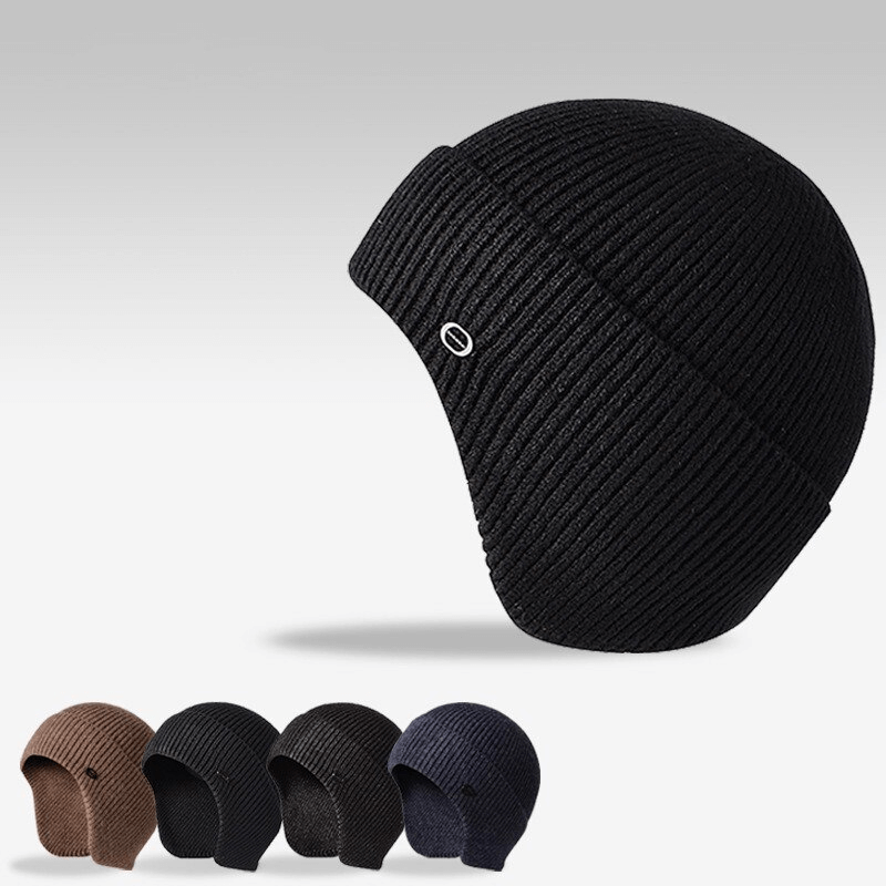 Men's sports warm running knitted hat with earflaps in black, charcoal, navy, and camel colors, ideal for chilly outdoor activities.